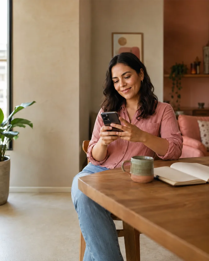 Mujer aprendiendo habilidades digitales desde su celular